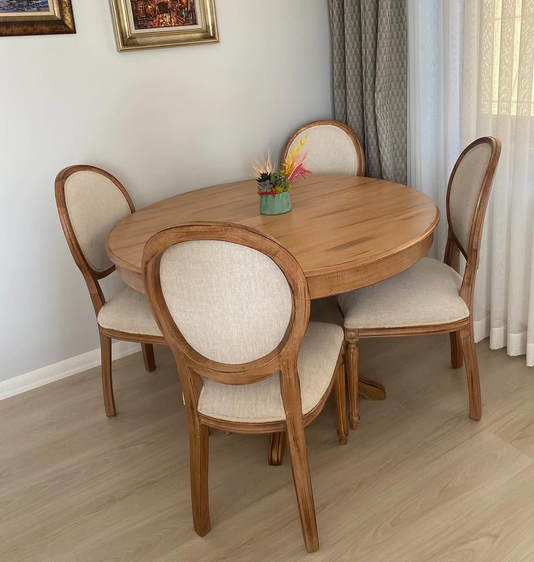 Roys Ahşap 122 Naturel  100 Cm Yuvarlak Sabit Baba Ayak Yemek Masası Takımı