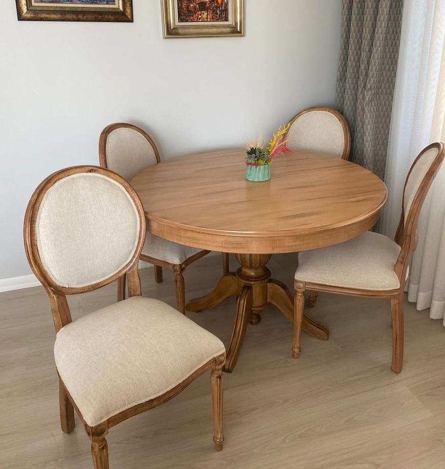 Roys Ahşap 122 Naturel  100 Cm Yuvarlak Sabit Baba Ayak Yemek Masası Takımı