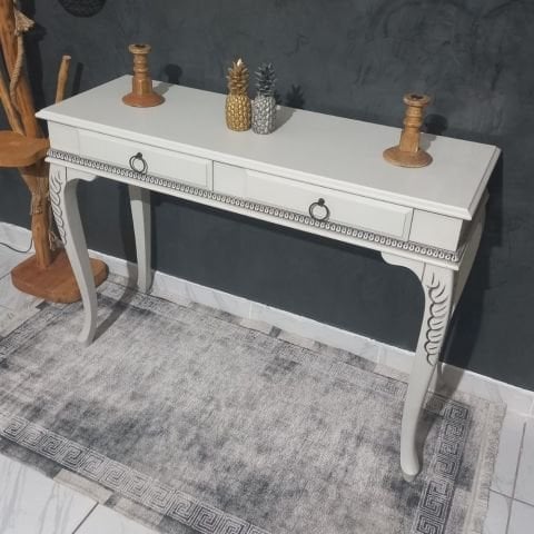 Roys Ahşap 9002 White Grey 120 Cm Eskitme Oymalı Çekmeceli Ahşap Dresuar