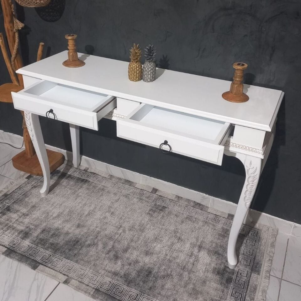 Roys Ahşap 70 Cm Beyaz Eskitme Oymalı Çekmeceli Ahşap Dresuar(Kopya)