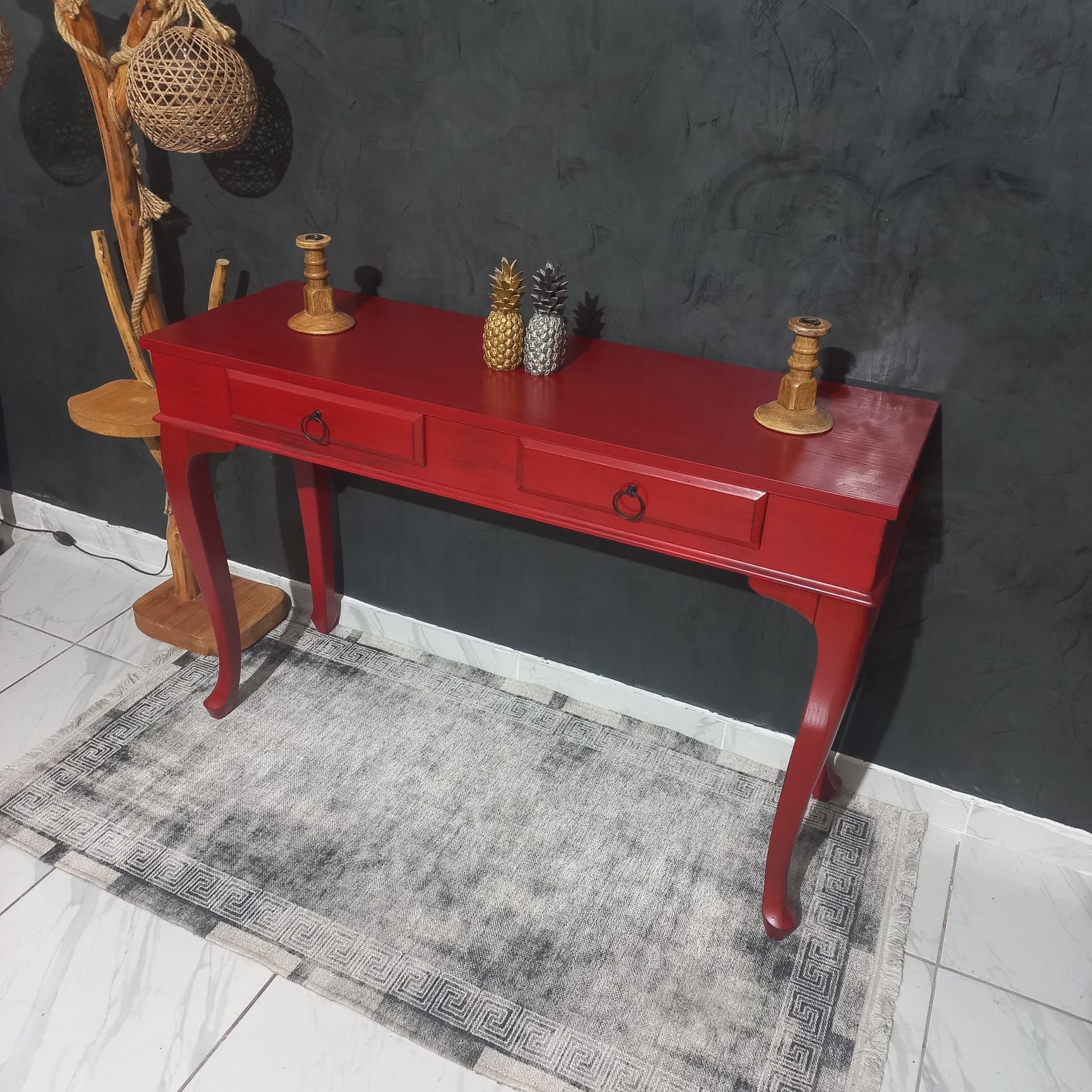 Roys Ahşap 120 Cm Çekmeceli Kırmızı Üstü Masif Eskitme Dresuar