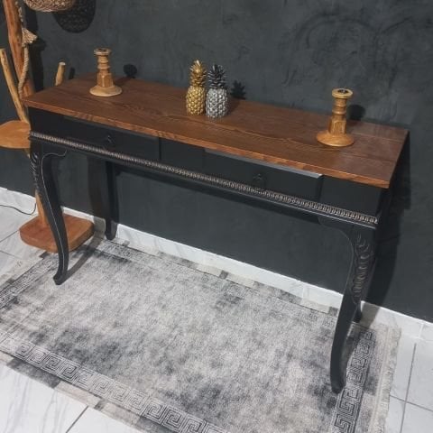 Roys Ahşap 120 Cm Siyah Eskitme Oymalı Çekmeceli Ahşap Dresuar