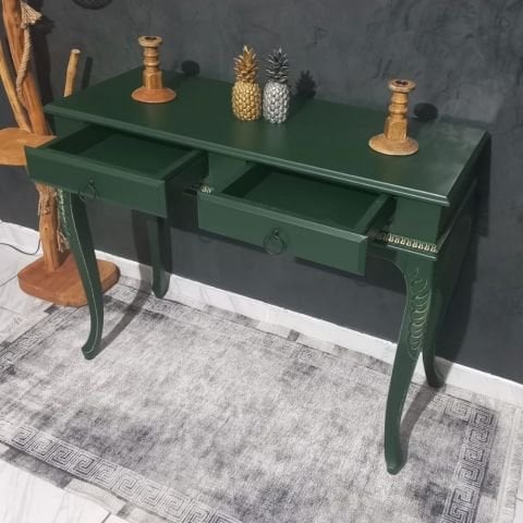 Roys Ahsap 100 Cm Koyu Yeşil Eskitme Oymalı Çekmeceli Ahşap Dresuar