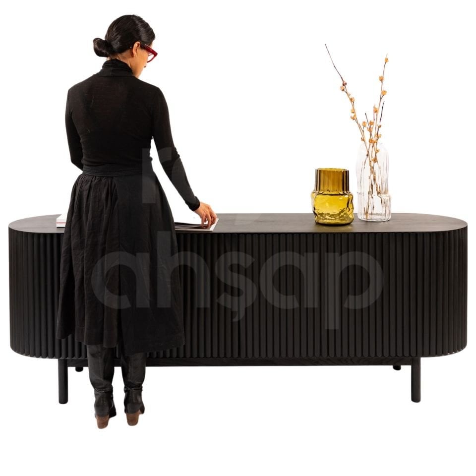 Roys Ahşap Toscana Siyah 200 Cm 4 Kapaklı Çıtalı Masif Konsol